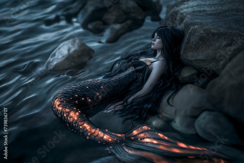 Luminous Mermaid Resting on Shore at Twilight Near the Sea