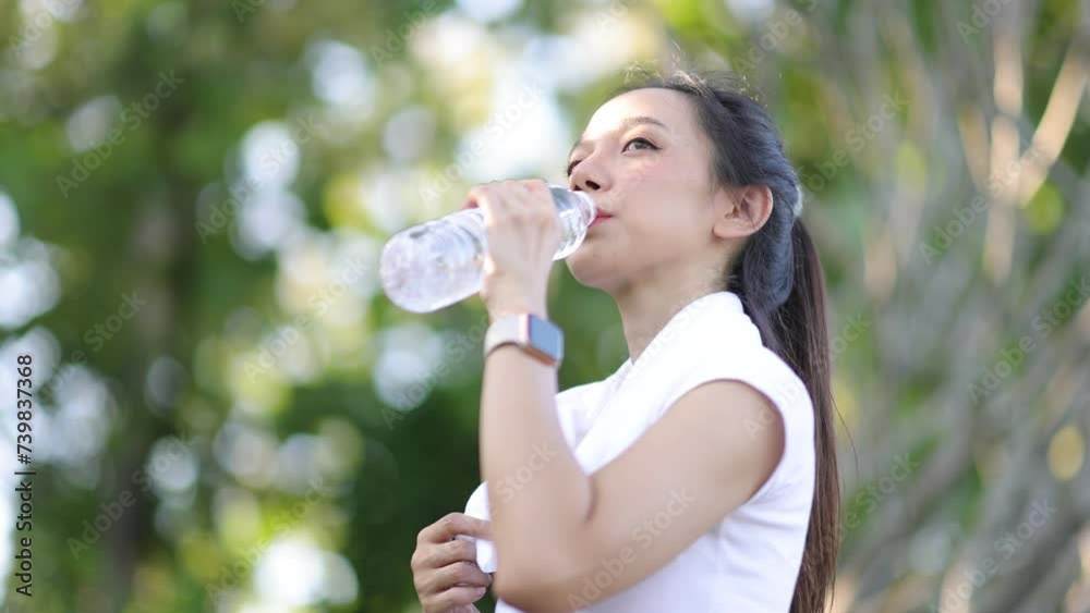 Attractive young Asian woman who is thirsty is drinking water while taking a break from jogging at the park. Attractive young Asian woman who is thirsty is drinking water while taking a break from jogging at the park.