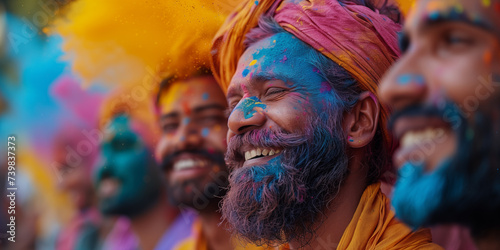 Banner with smiling indian men celebrating Holi holiday with color powder. Banner with copyspace. Holi color festival concept. Shallow depth of field.