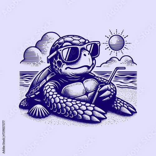 cool turtle wearing sun glasses chilling in beach retro art style vector illustration