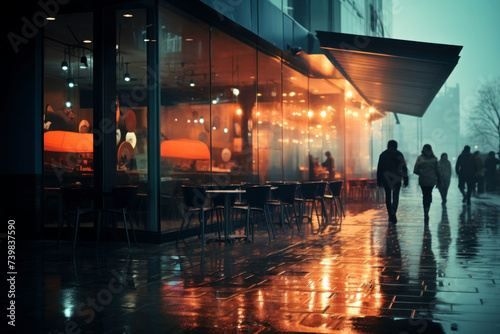 People sitting in coffee shop at night on rainy evening. Exterior of restaurant with large front store windows. Small business. Coffee house at night photo