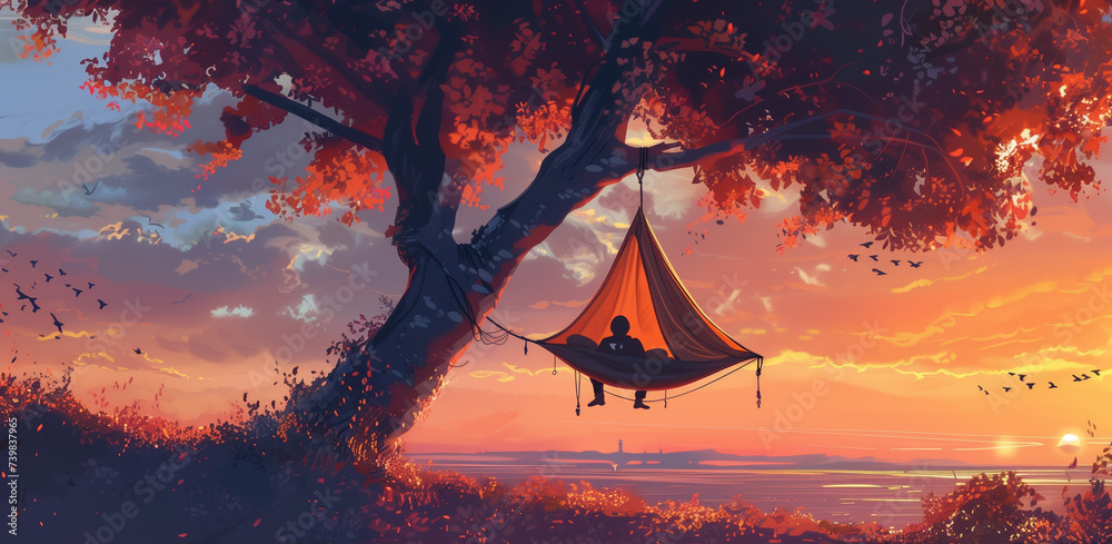 illustration: a man in a hanging tent on a tree at sunrise/sunset on the background