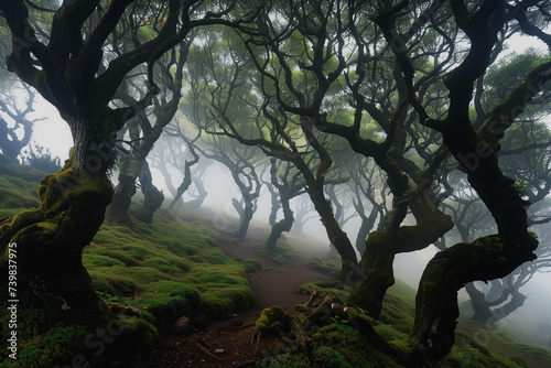 old dark laurel forests in the fog in Madeira © Tetiana