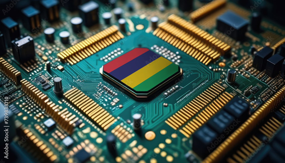 Mauritius flag on a processor, CPU or microchip on a motherboard. Concept for the battle of global microchips production. Mauritius flag on a processor, CPU or microchip on a motherboard. Concept for the battle of global microchips production.