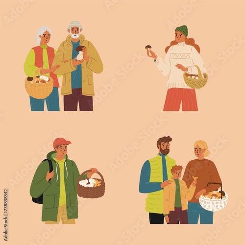 Isolated set of diverse people characters picking mushrooms