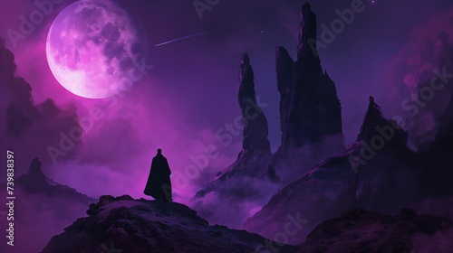 man wearing cape walking in desolated wasteland under purple full moon sky, fantasy scenery background wallpaper, Ai Generated