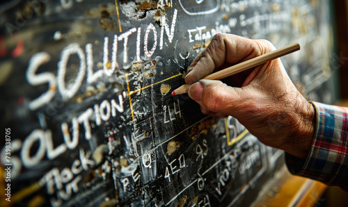 Close up of a person's hand writing the word solution with white chalk on a blackboard, representing problem solving, creativity, and successful strategies