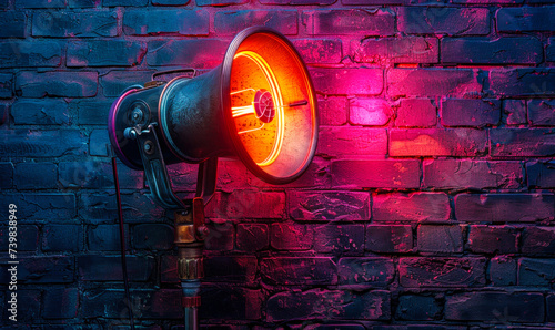 Neon megaphone on a dark brick wall background, casting a glow, symbolizes announcements, advertising, public address, and the concept of getting heard © Bartek