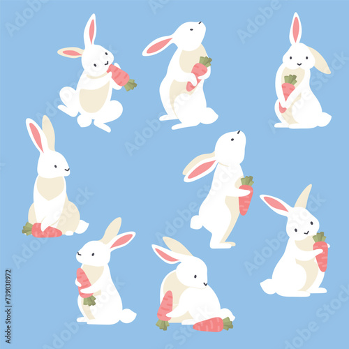 cute rabbits with carrot different poses cartoon set isolated light green background vector illustration