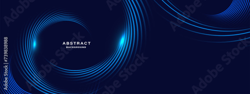 Blue abstract background with spiral circle lines, technology futuristic template. Vector illustration.	