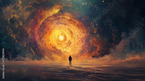 man walking into burning tunnel way path to other world, fantasy scenery background wallpaper, Ai Generated