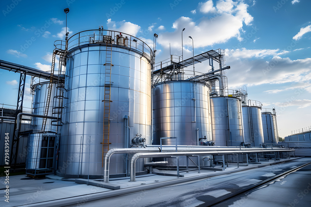 Large Stainless Steel Tanks in an Industrial Industry Large Stainless Steel Tanks in an Industrial Industry