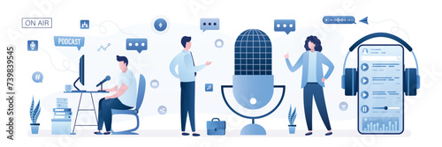 Podcast, radio, live show. Media host at workplace. Podcaster, blogger or broadcaster at workspace. Characters create media content. Online interview. photo