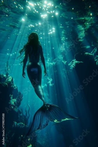 Silhouette of Mermaid Gliding Through Sunlit Underwater Realm
