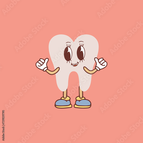 Groovy tooth cartoon character waving his hand. Funny healthy white molar with happy face, retro cartoon teeth mascot, dentistry and dental care sticker of 70s 80s vector illustration. Vector illustra