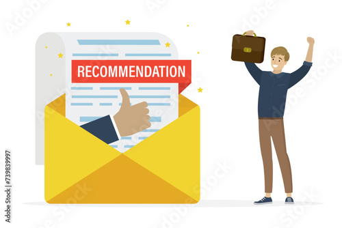 Happy businessman with recommendation letter in mail envelope. Recommendation letter, appreciation document for apply new job, experience or qualification guarantee.