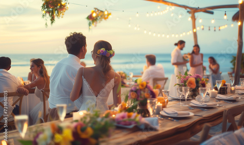 Wedding Ceremony on the Beach. Bride and Groom at Sunset