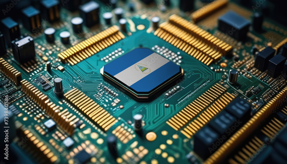 Nicaragua flag on a processor, CPU or microchip on a motherboard. Concept for the battle of global microchips production. Nicaragua flag on a processor, CPU or microchip on a motherboard. Concept for the battle of global microchips production.