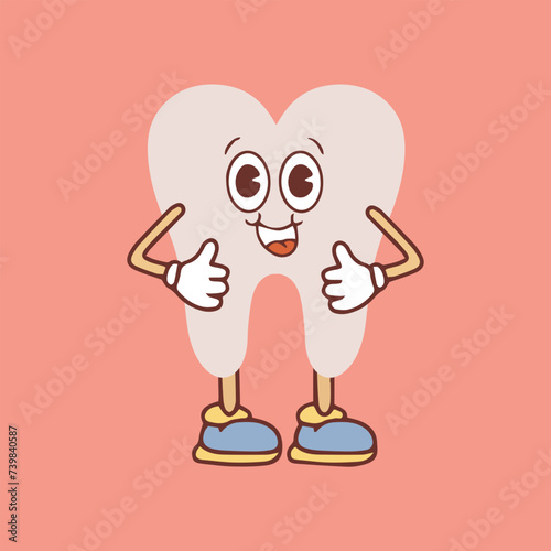 Groovy tooth cartoon character waving his hand. Funny healthy white molar with happy face, retro cartoon teeth mascot, dentistry and dental care sticker of 70s 80s vector illustration. Vector illustra