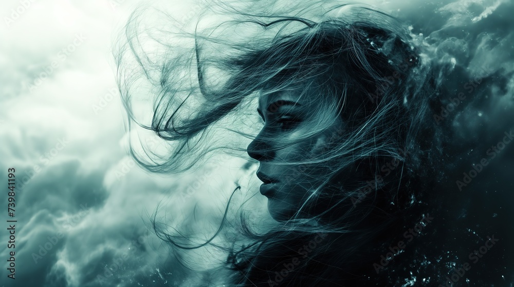 a woman close up face in windy stormy atmosphere, negative emotion and feeling concept, Ai Generated a woman close up face in windy stormy atmosphere, negative emotion and feeling concept, Ai Generated
