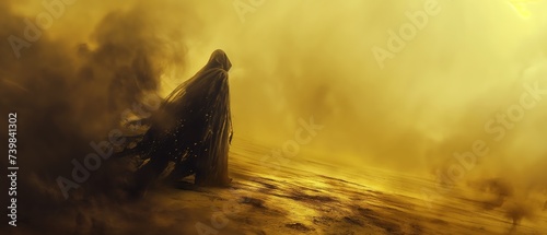 a magician walking in desert with cloud of dust and sand in wind, Ai Generated photo