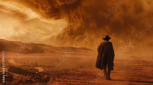 a man walking into sandstorm in desert, Ai Generated