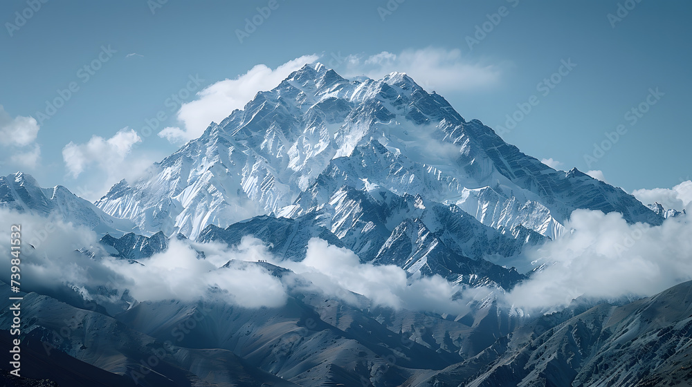 Fototapeta premium A mountain peak, with snow-capped summits glistening in the distance as the background, during a hike on the longest day of the year
