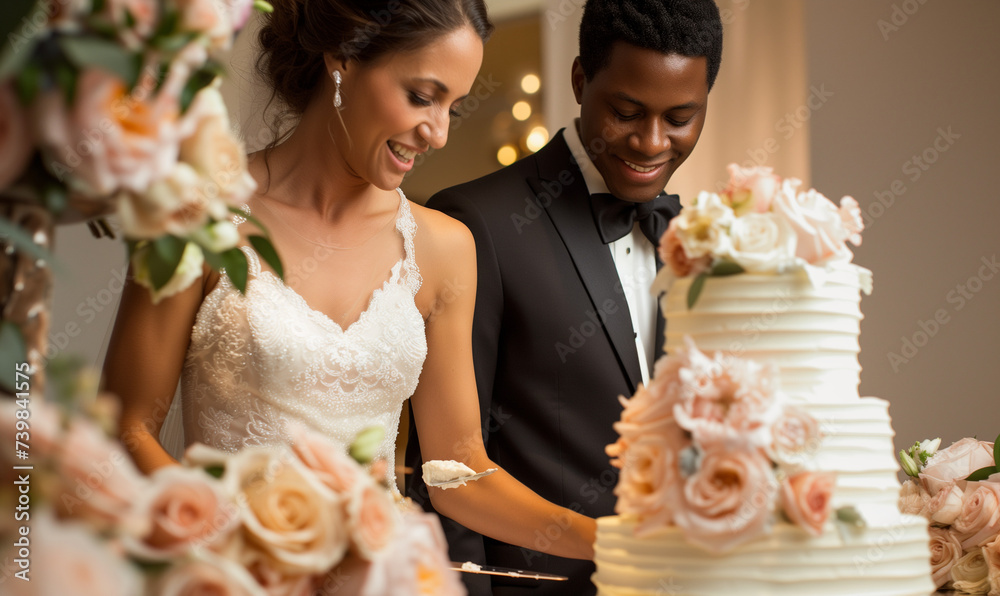 Happy african american bride and groom cutting wedding cake in restaurant - obrazy, fototapety, plakaty 