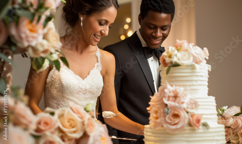 Happy african american bride and groom cutting wedding cake in restaurant photo