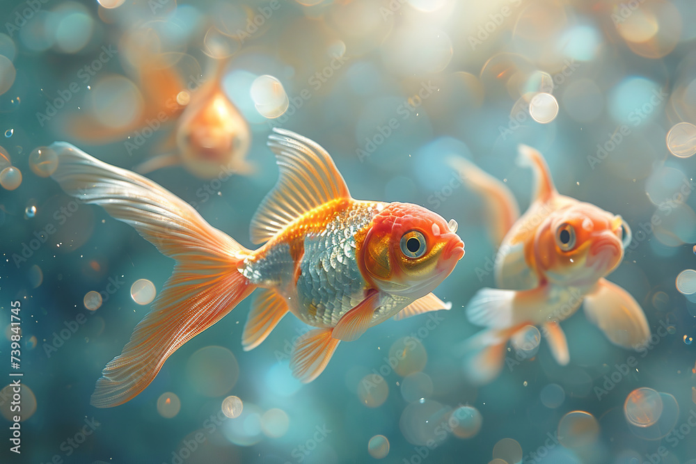 two orange gold fish swimming underwater on blue background
