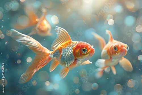 two orange gold fish swimming underwater on blue background