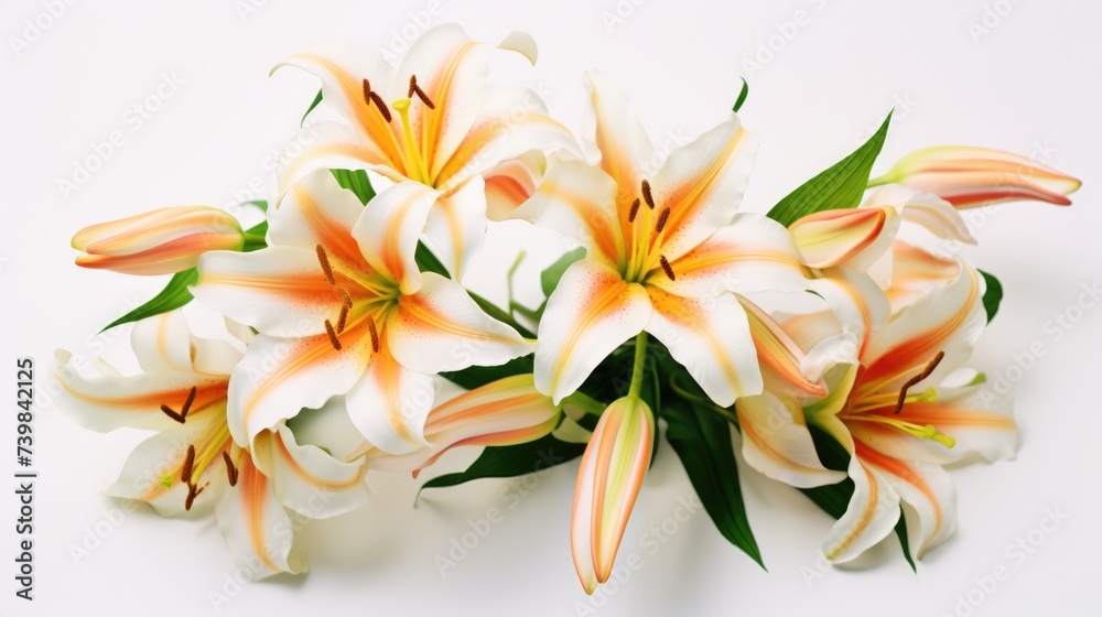 Pure Beauty of Easter Lily Flowers Bouquet. Close-Up of Spring Bridal Floral Arrangement on White