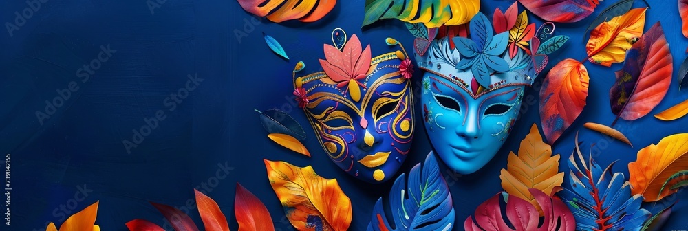 Fototapeta premium bright and colorful masks and colorful leaves on a blue background