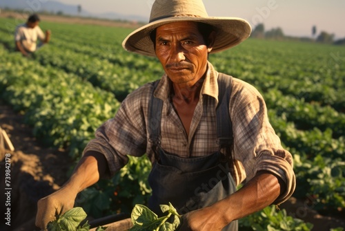 Hispanic and Migrant Farm Workers at Agricultural Plantation Farming and Harvesting Crops photo