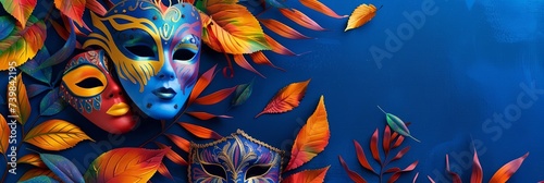 bright and colorful masks and colorful leaves on a blue background