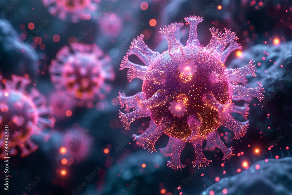 futuristic style purple coronavirus particles, scientific illustrations