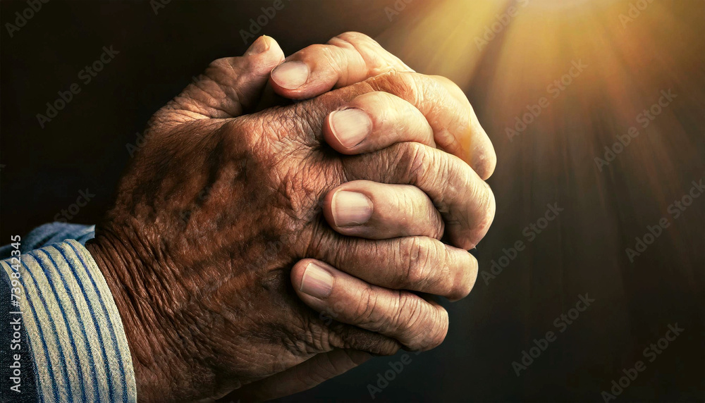 Extreme close-up of a wrinkled hands with fingers crossed of an old man in prayer, classical gesture of a person praying God in the Christian religion. Generative Ai.