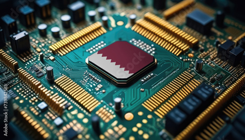 Qatar flag on a processor, CPU or microchip on a motherboard. Concept for the battle of global microchips production.