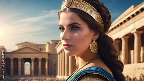 A Roman woman, from the times of old Rome, a woman stands against the backdrop of old Rome. photo