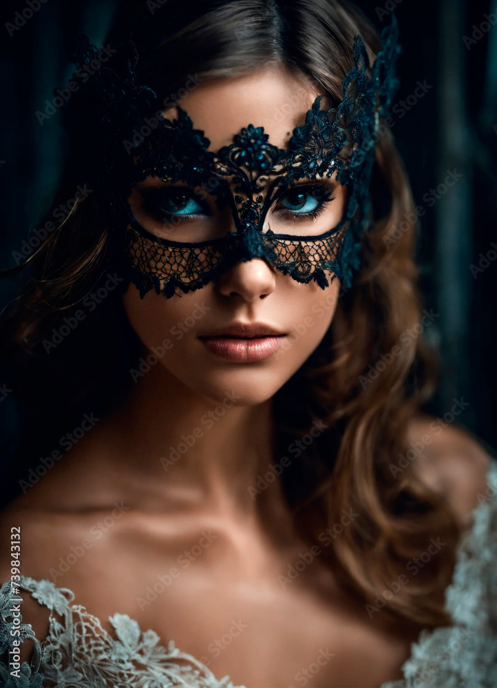 Black lace mask on a woman face. Selective focus.