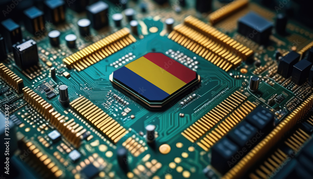 Romania flag on a processor, CPU or microchip on a motherboard. Concept for the battle of global microchips production. Romania flag on a processor, CPU or microchip on a motherboard. Concept for the battle of global microchips production.
