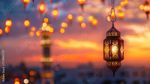 Traditional arabic lamp with blurry lights background Eid holidays postcard template