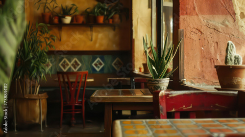 Colorful traditional mexican restaurant interior with plants and wooden furniture photo