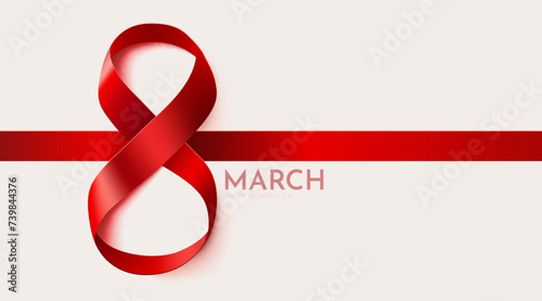 International Women's Day Banner. Flyer for March 8 with red ribbon decor. Number 8.