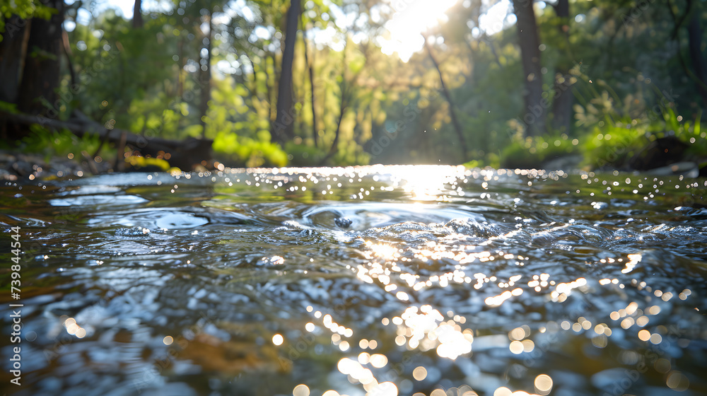 A river, with crystal-clear waters reflecting the sky as the background, during a solstice picnic by the water's edge