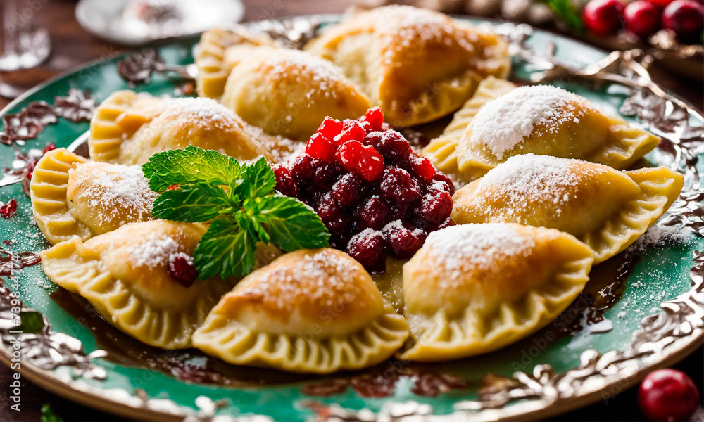 dumplings with cherries on a plate. Selective focus. dumplings with cherries on a plate. Selective focus.