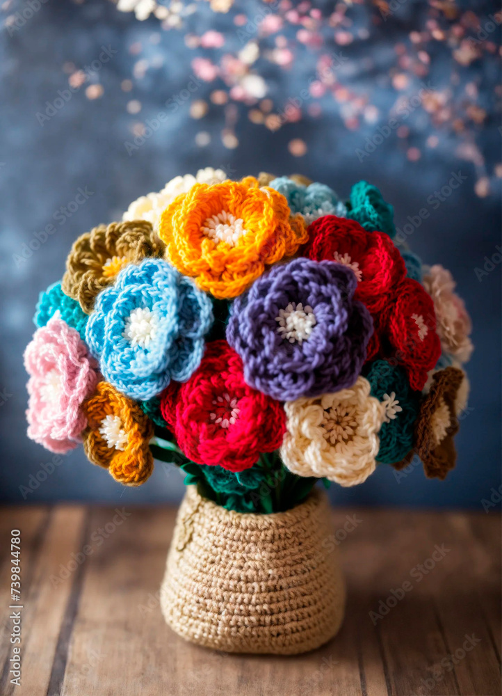 Crochet bouquet of flowers. Selective focus.