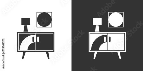 Interior icon with nighrstand, table lamp and poster isolated on black and white background. Vector furniture icon