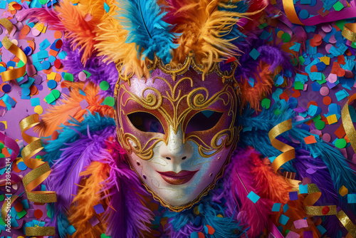 A colorful scene of festivity, featuring a Mardi Gras mask adorned with vibrant feathers and sparkling sequins, set against a backdrop of swirling ribbons and confetti.