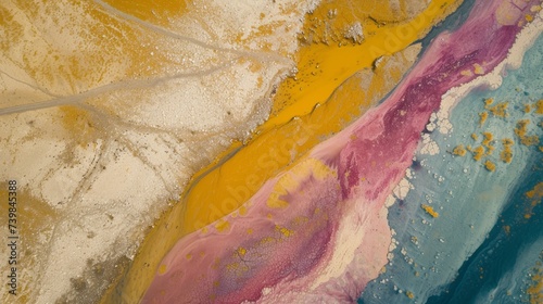 aerial photo of a landscape ukraine, ebru style, multicolored,yellow and pink sand  